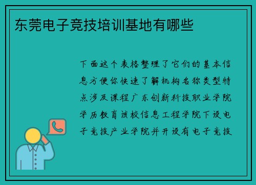 东莞电子竞技培训基地有哪些