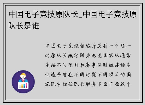 中国电子竞技原队长_中国电子竞技原队长是谁