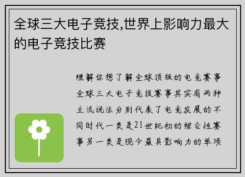 全球三大电子竞技,世界上影响力最大的电子竞技比赛