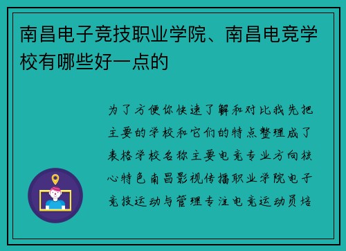 南昌电子竞技职业学院、南昌电竞学校有哪些好一点的